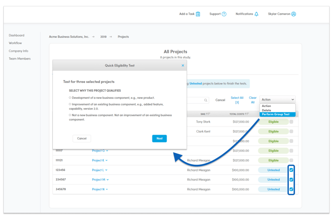 KB Perform Eligibility Test on Multiple Projects